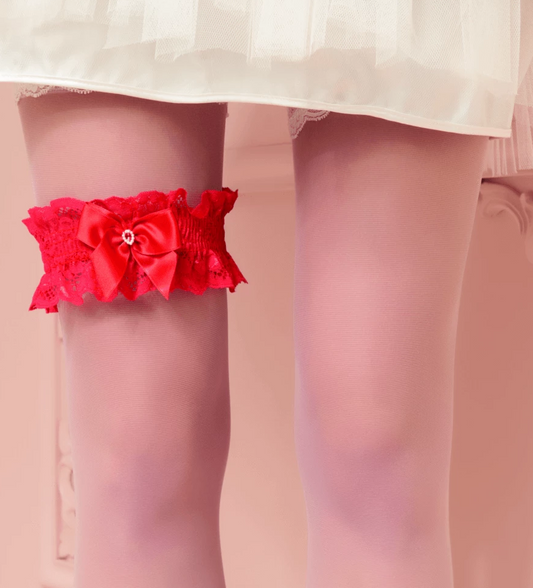 Trasparenze Tono Su Tono - lace leg garter with satin bow in red, ivory and white, perfect bridal legwear 
