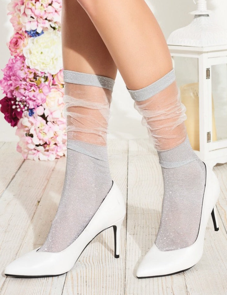 Trasparenze Lavender Calzino - sparkly lamí© ankle socks with sheer tulle style scrunch cuff