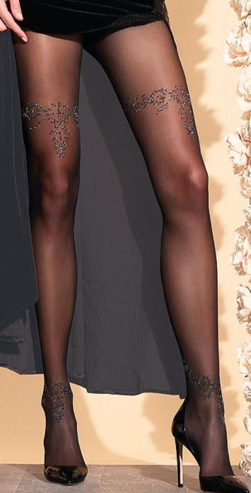 Trasparenze Snowdrop Collant - Black micro mesh fashion tights with a woven floral design on the thighs and ankles in sparkly metallic gold, flat seams and hygienic gusset.