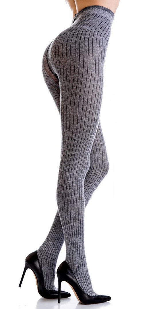 Trasparenze Trasimede Collant - Soft and warm grey ribbed knitted cotton tights