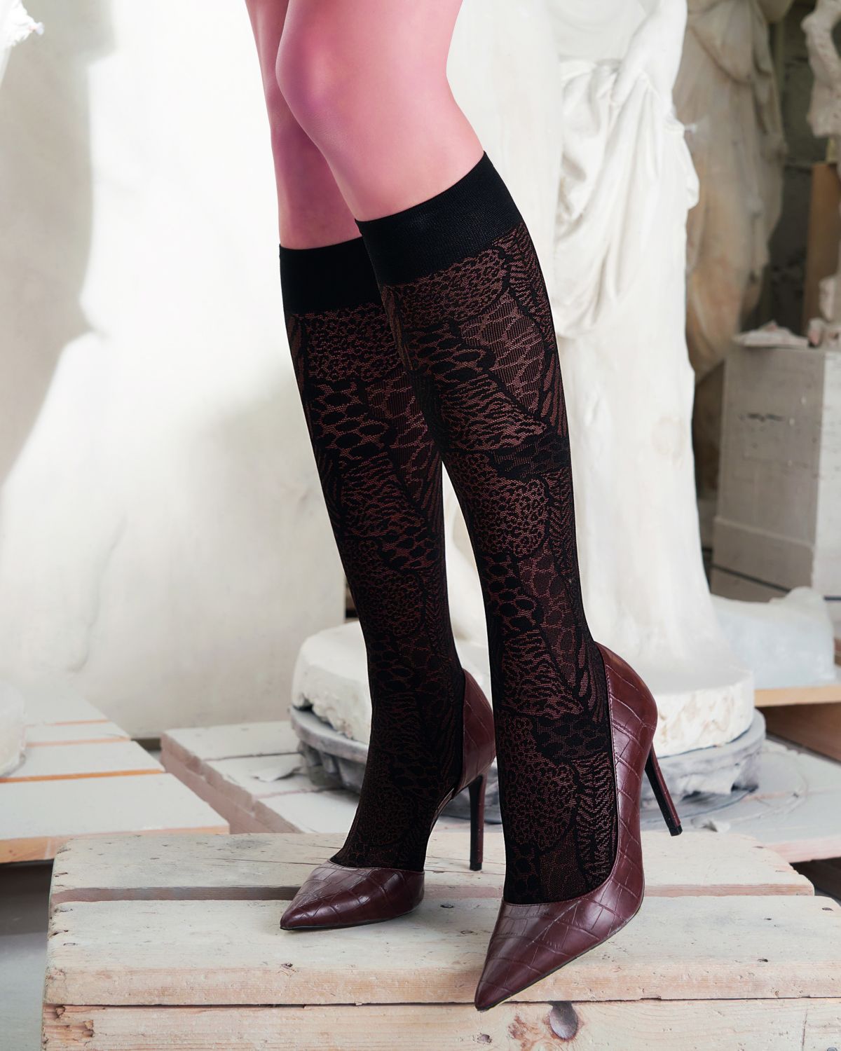 Trasparenze Thyme Gambaletto - Black opaque fashion knee-high socks with a woven patchwork pattern of animal prints and deep elasticated cuff.