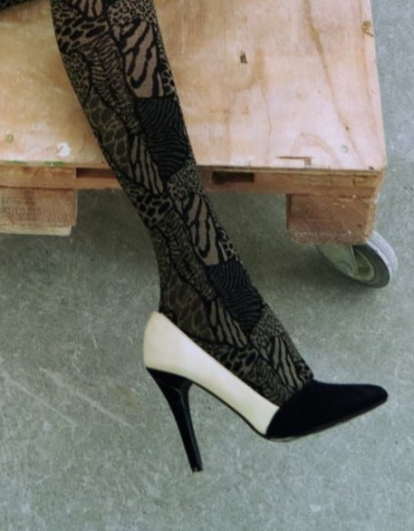 Trasparenze Thyme Gambaletto - Black opaque fashion knee-high socks with a woven patchwork pattern of animal prints and deep elasticated cuff.