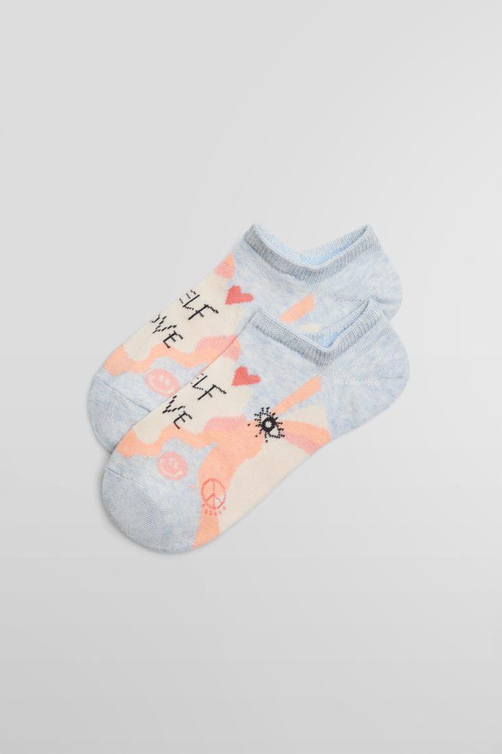 Ysabel Mora 12860 Self Love Liners - Light fleck grey cotton low ankle sneaker socks with "self love" text, peace sign, smiley face, heart and eye detail in shades of cream, peach and pink.