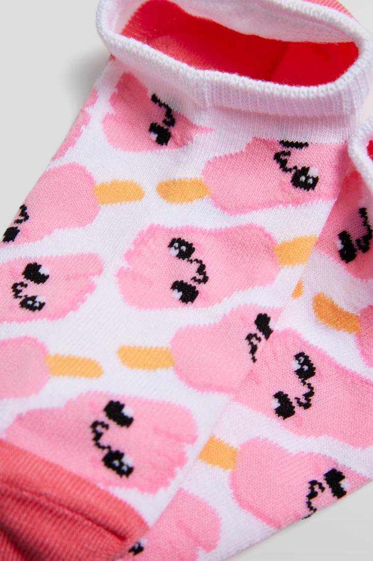 Ysabel Mora 12866 Freaky Foot Popsicle Liners - White low ankle sneaker socks with a pink foot shaped popsicle pattern with smiley faces and darker pink toe and heel.