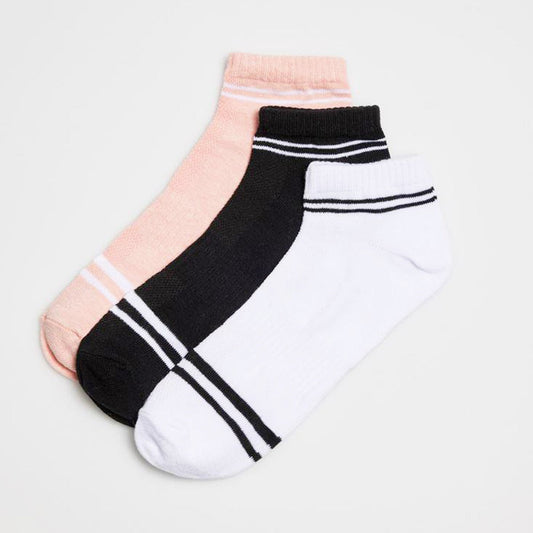 Ysabel Mora 12868 Sporty Socks 3 Pk - Three pack of low cotton ankle socks (black, white and pale pink) with a double sports striped cuff and striped toe with a built in elasticated band across the foot for extra support.