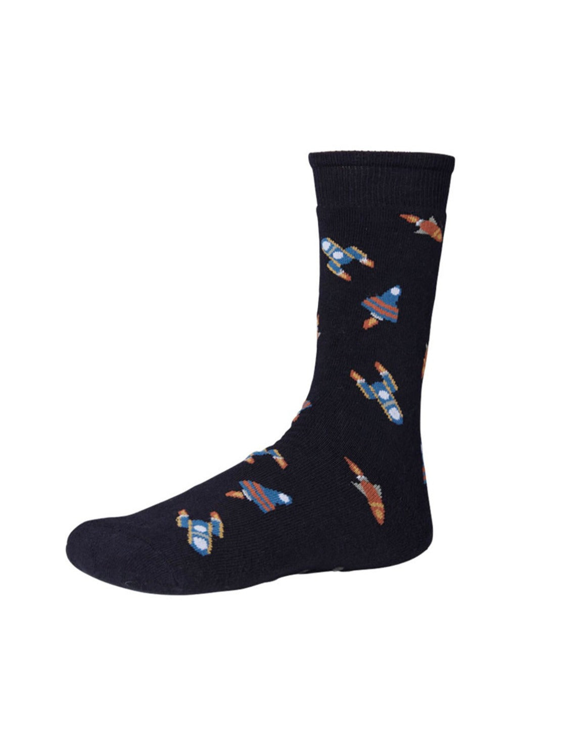Ysabel Mora 22795 Rocket Sock - Thick black cotton slipper socks with an all over rockets and space ship pattern and dotted non-slip gripper sole.
