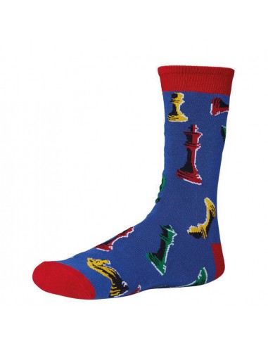 Ysabel Mora Chess Sock - Men's dark blue cotton ankle socks with an all over chess pieces pattern in red, green, yellow and navy and a red cuff, toe and heel.