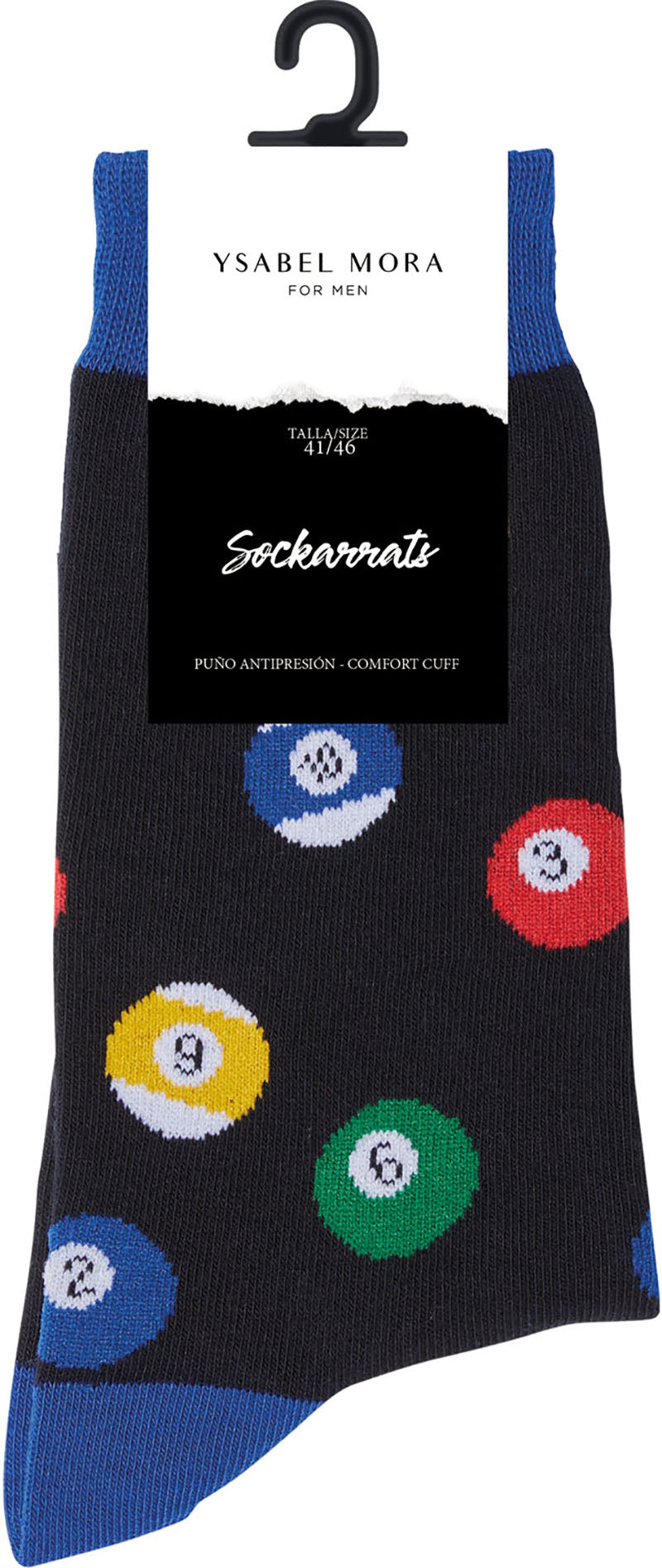 Ysabel Mora 22799 Pool Sock - Men's navy cotton ankle socks with an all over pool balls pattern in blue, red, green and yellow and blue and a red cuff, toe and heel.
