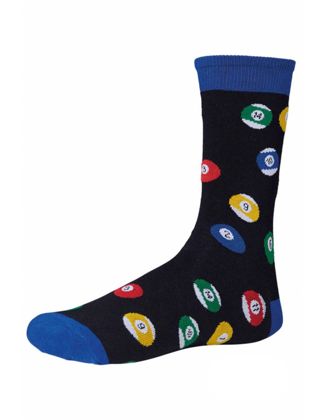 Ysabel Mora 22799 Pool Sock - Men's navy cotton ankle socks with an all over pool balls pattern in blue, red, green and yellow and blue and a red cuff, toe and heel.