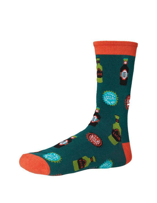 Ysabel Mora 22800 Beer Sock - Dark green cotton ankle socks with an all over lager and beer bottles and caps pattern, orange coloured cuff heel and toe.