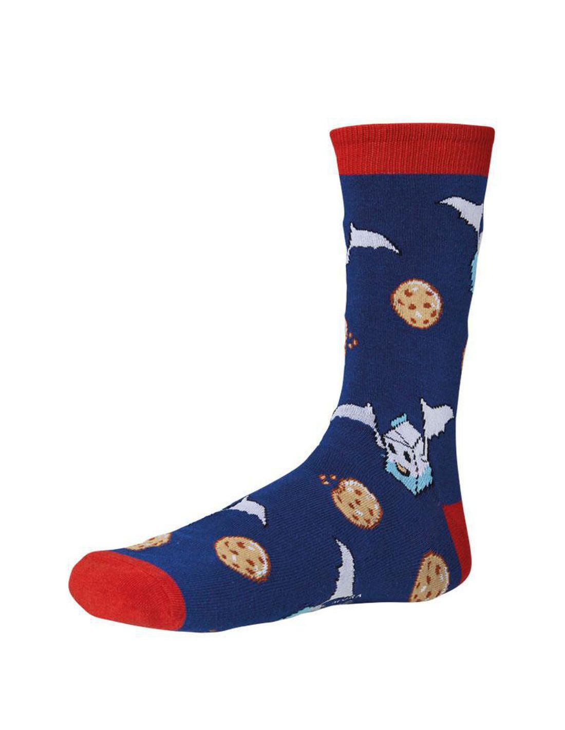 Ysabel Mora 22800 Milk & Cookies Sock - Dark blue cotton ankle socks with an all over cookies and personified milk cartons pattern, red coloured cuff heel and toe.
