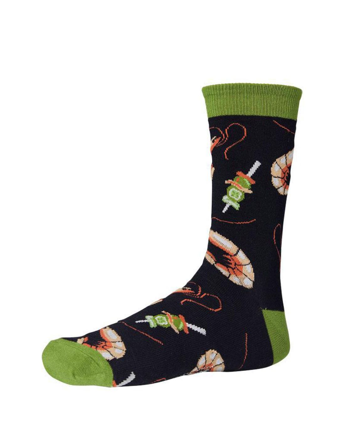 Ysabel Mora Shrimp Sock - Dark navy cotton ankle socks with an all over bbq shrimp and skewers pattern and olive green cuff, toe and heel.
