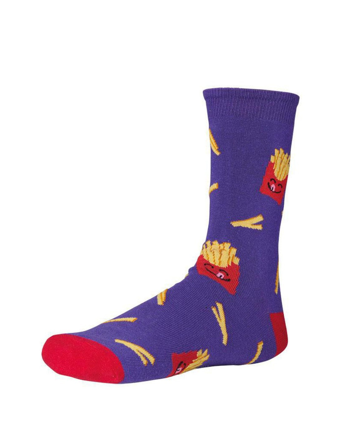Ysabel Mora 22802 French Fries Sock - Purple cotton ankle socks with personified portions of French fries, red coloured heel and toe.