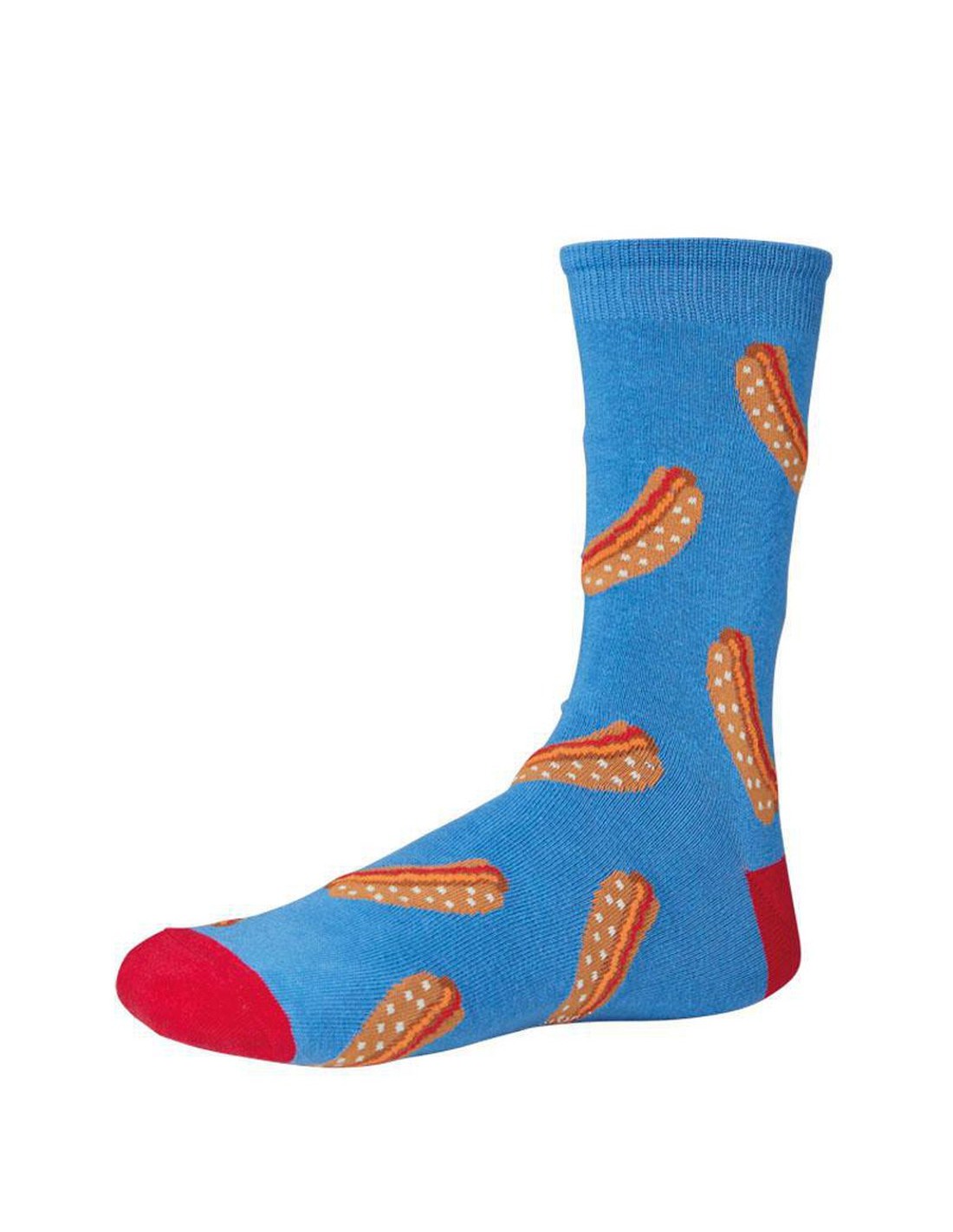 Ysabel Mora 22802 Hot Dog Sock - Sky blue cotton ankle socks with an all over hot dog pattern, red coloured heel and toe.