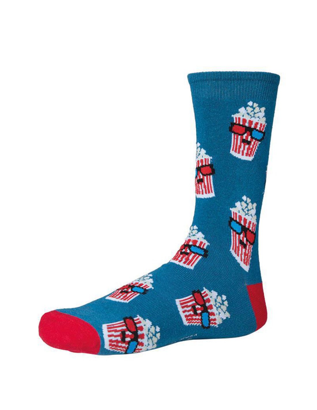 Ysabel Mora Popcorn Sock - Teal blue cotton ankle socks with personified buckets of popcorn wearing 3D glasses, red coloured heel and toe.
