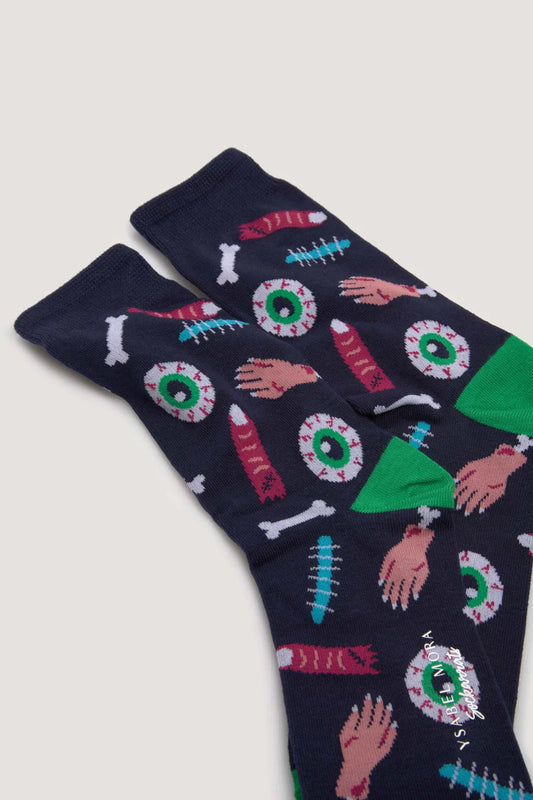 Ysabel Mora 22846 Gory Socks - Navy cotton crew length socks with an all over gruesome gory body parts pattern in shades of pink, green, blue and white, green toe and heel, perfect for Halloween.