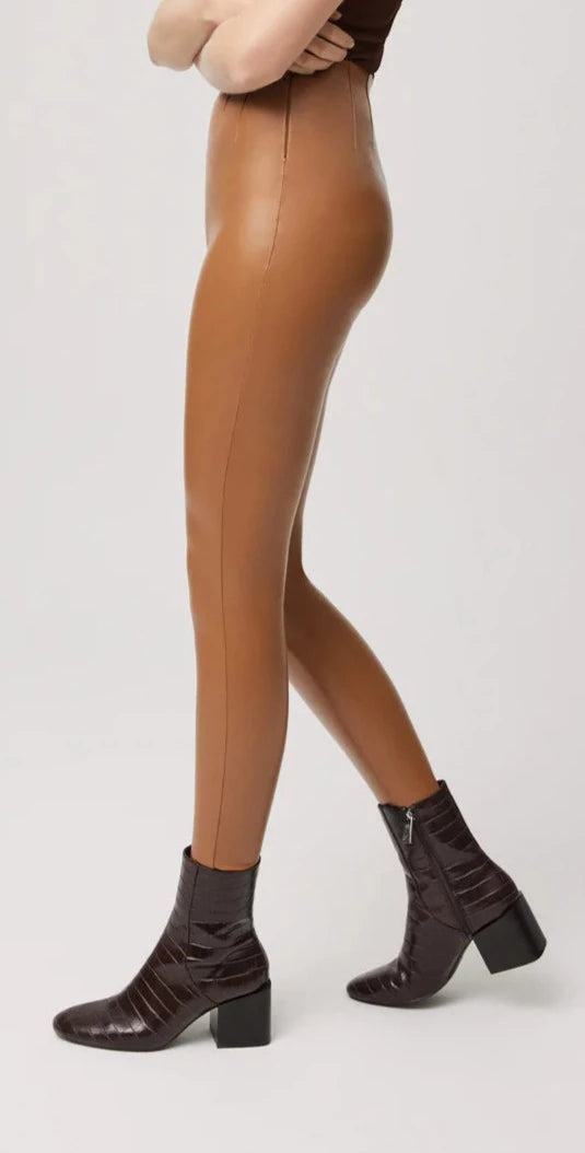 Ysabel Mora 70164 Faux Leather Leggings - High rise camel / tan faux leather fleece lined trouser leggings with invisible side zip, darts at the front and back to ensure a snug fit.