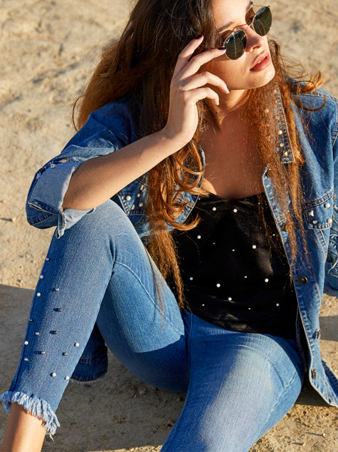 Ysabel Mora 70235 Pearl Jeggings - blue denim jeans leggings with silver and pearl studs and frayed edge cuff