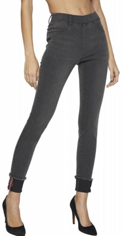Ysabel Mora 70247 Turn-Up Jeggings - denim grey jean leggings with a red studded stripe cuff
