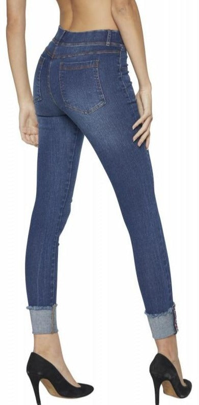 Ysabel Mora 70247 Turn-Up Jeggings - denim blue jean leggings with a red studded stripe cuff