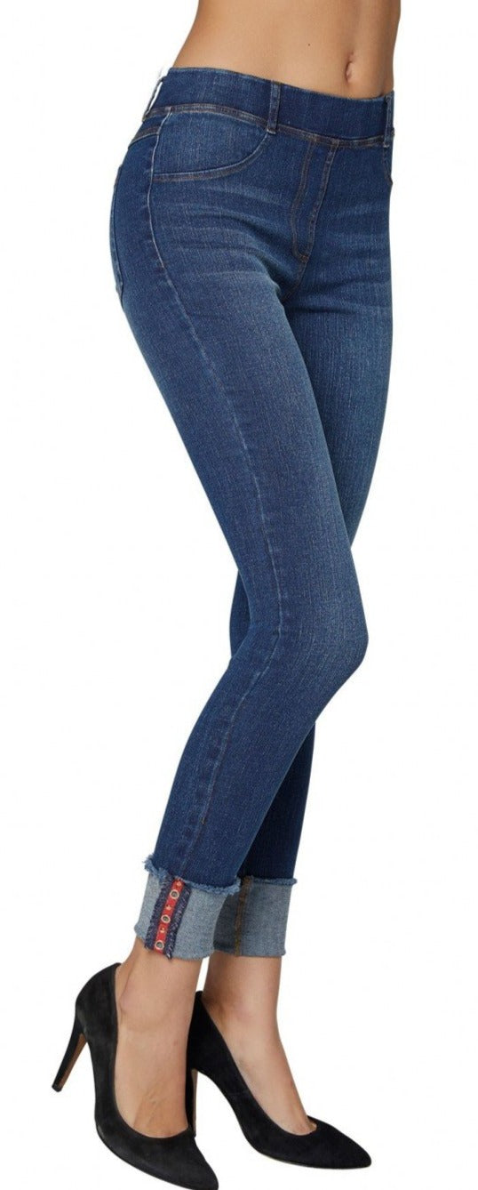 Ysabel Mora 70247 Turn-Up Jeggings - denim blue jean leggings with a red studded stripe cuff