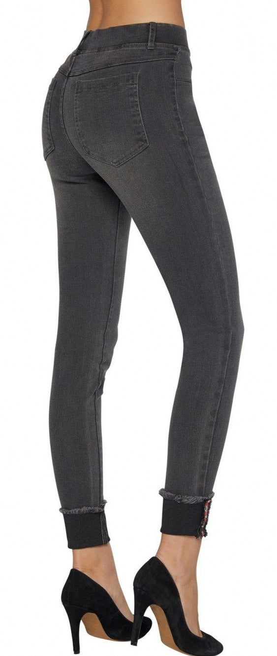 Ysabel Mora 70247 Turn-Up Jeggings - denim grey jean leggings with a red studded stripe cuff