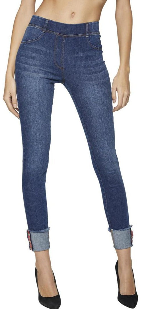 Ysabel Mora 70247 Turn-Up Jeggings - denim blue jean leggings with a red studded stripe cuff