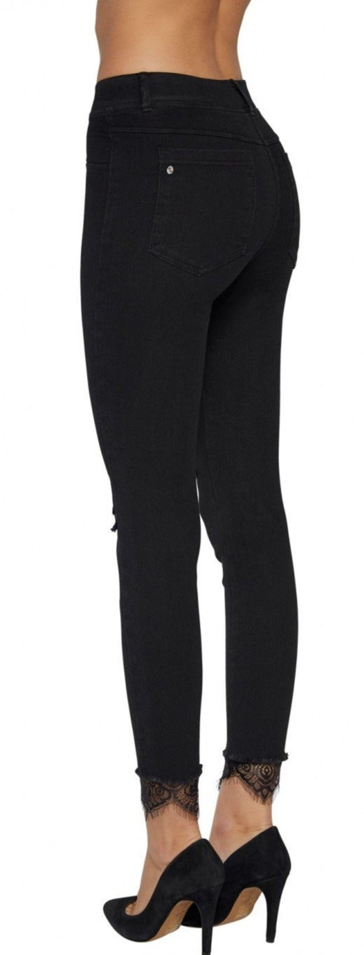 Ysabel Mora 70249 Lace Cuff Jeggings - black denim jean leggings with ripped knees
