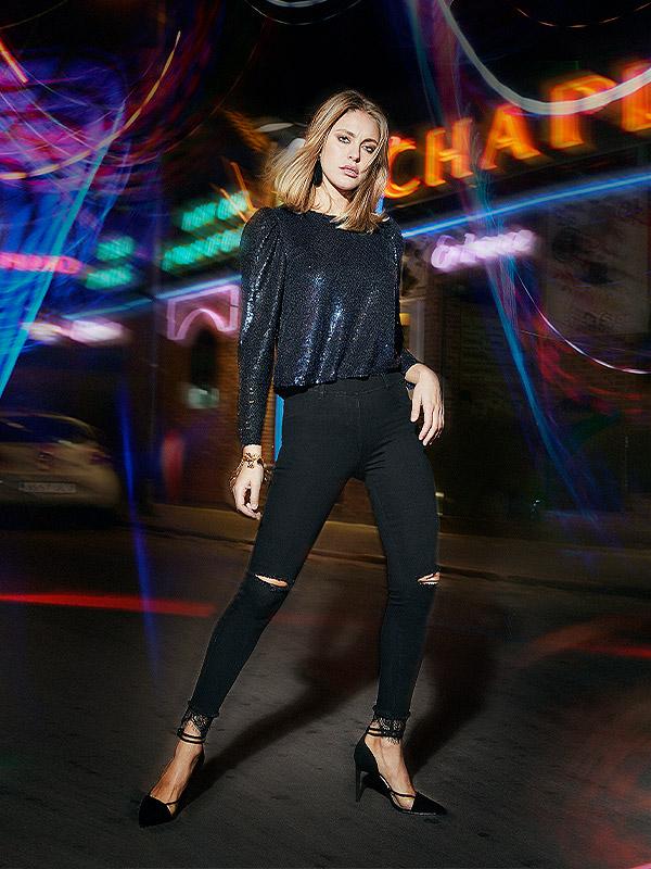 Ysabel Mora 70249 Lace Cuff Jeggings - black denim jean leggings with ripped knees