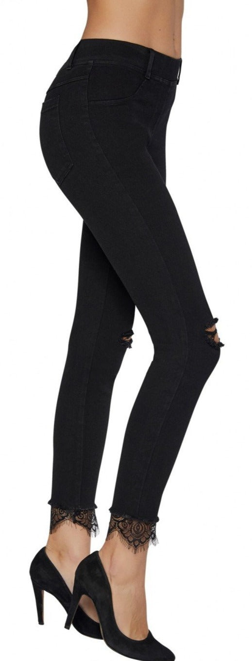 Ysabel Mora 70249 Lace Cuff Jeggings - black denim jean leggings with ripped knees