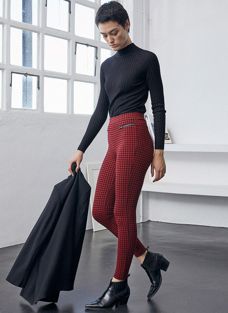 Ysabel Mora 70255 - red and black gingham check stretch high waisted trouser leggings