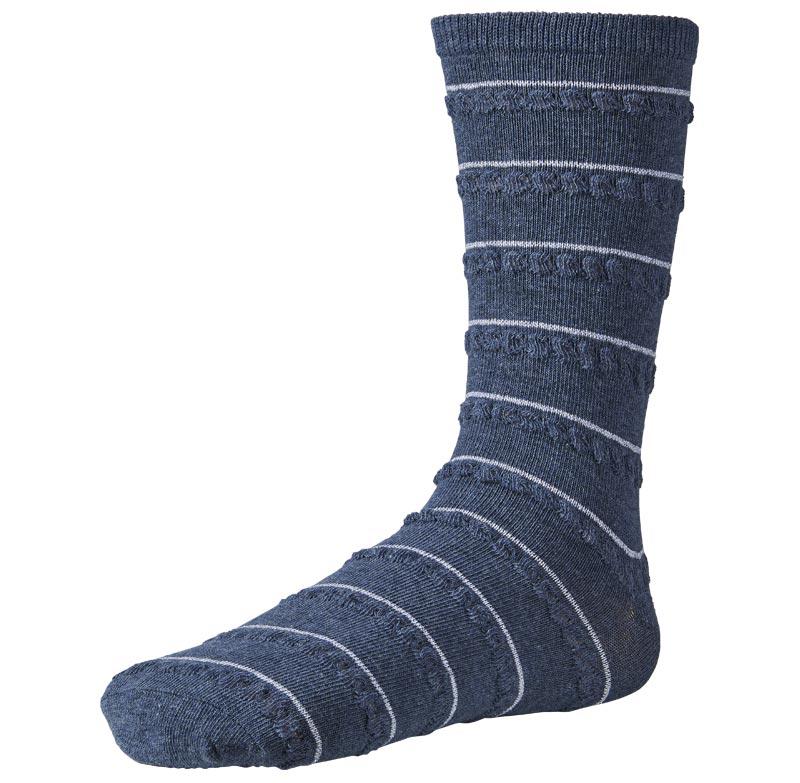 Ysabel Mora 12607 - navy blue cotton ankle socks with silver and ruched horizontal stripes