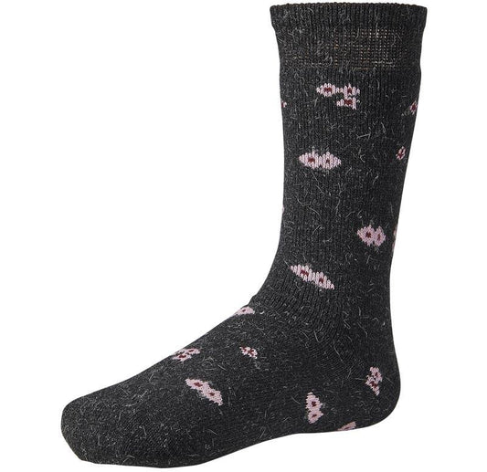 Ysabel Mora 12625 - black angora socks with pink and wine pattern