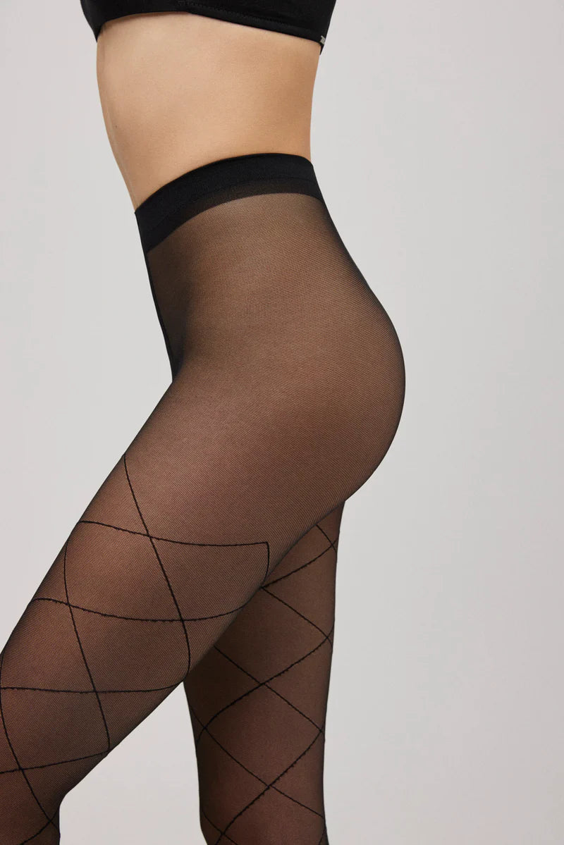Ysabel Mora 16005 Diamond Tights - Sheer black micro mesh style fashion tights with a woven diamond pattern.