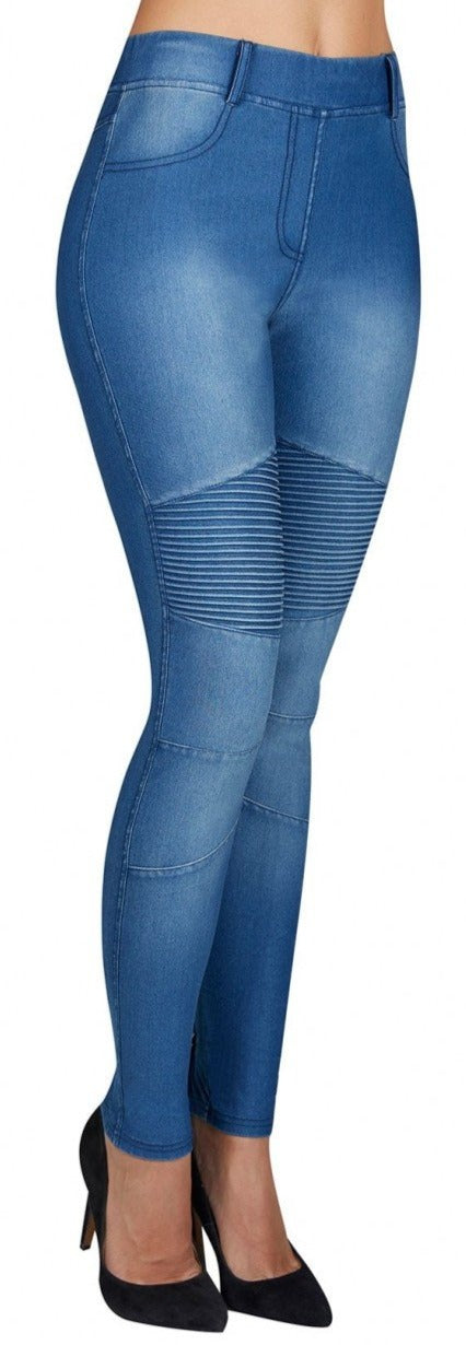 Ysabel Mora 70238 Biker Style Jeggings - denim blue cotton stretch jean leggings with ribbed panelling at the knee.