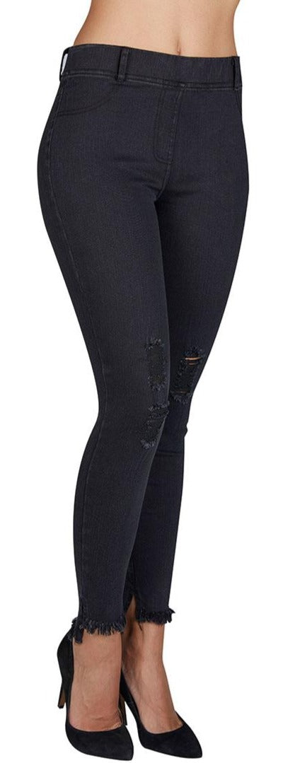 Ysabel Mora 70234 Distressed Jeggings - stretch black denim jeans leggings with frayed cuffs