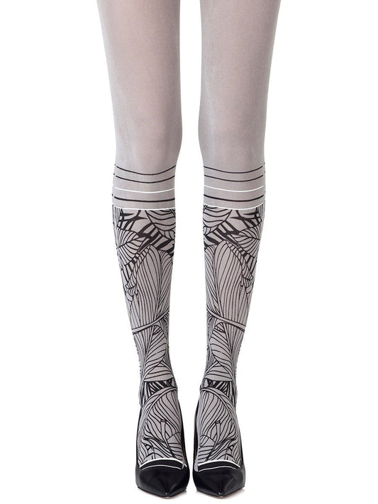Zohara R455-LGB Waikiki Nights Tights - Light grey cotton mix opaque fashion tights with a black knee-high palm leaf style print with black and white stripes below the knee.