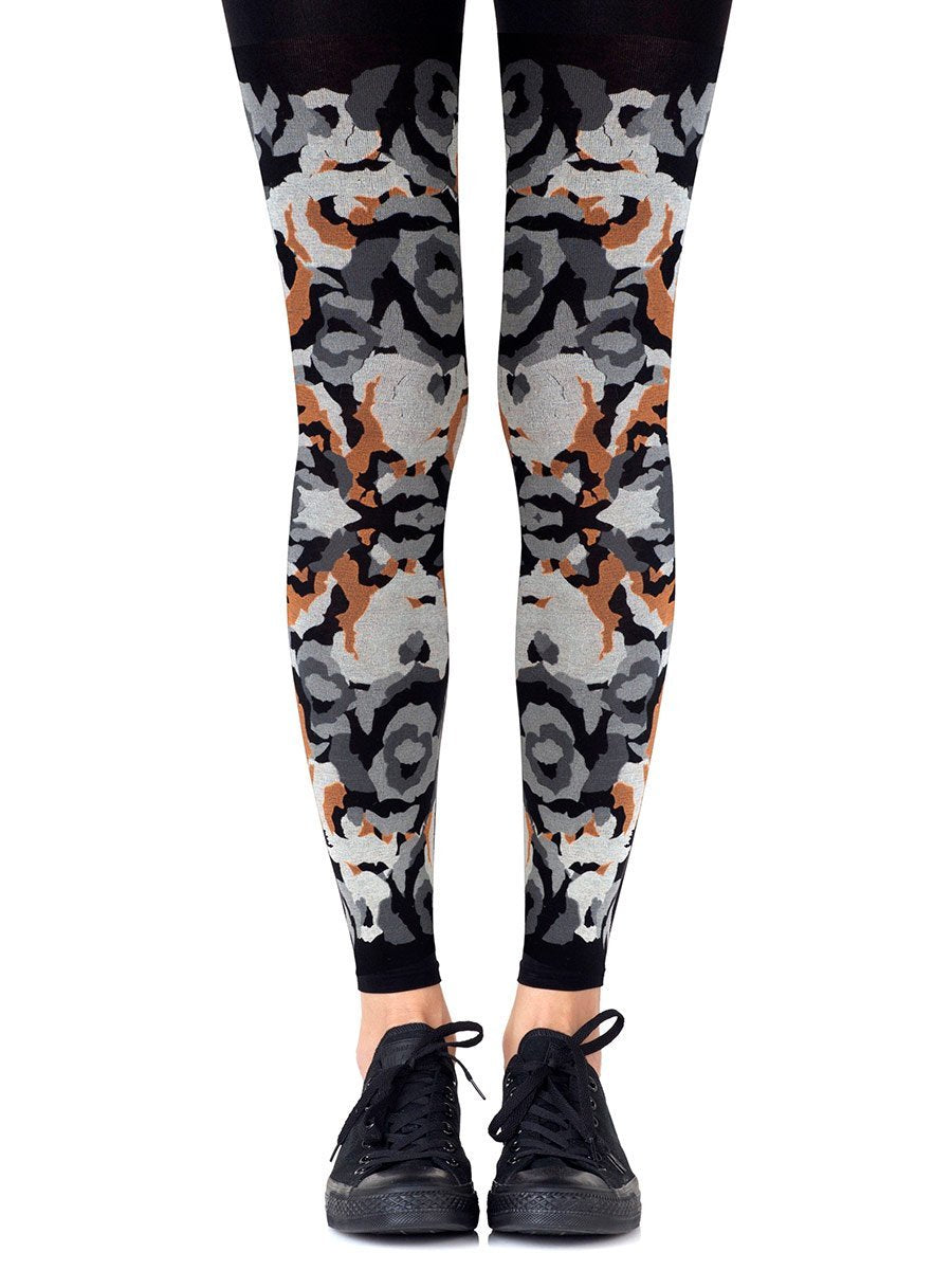 Zohara CR428-BGO Earth Goddess Footless Tights - Black opaque fashion footless tights with a swirl camouflage style print in shades of grey and rust orange.