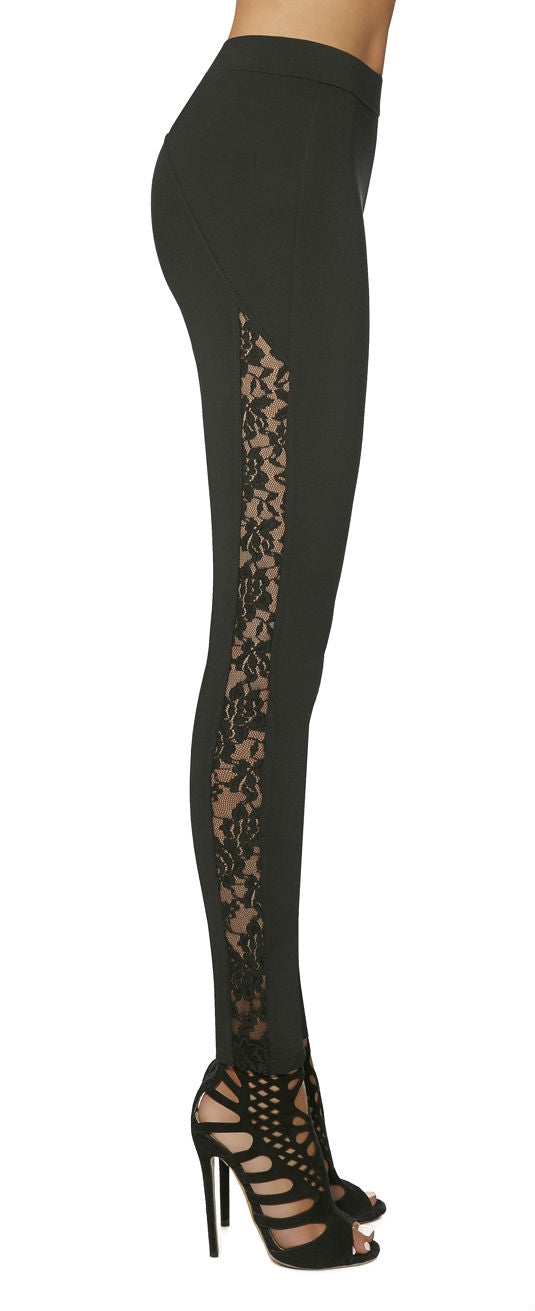 BasBleu Meloe Leggings - black fleece lined thermal leggings with a lace side panel stripe