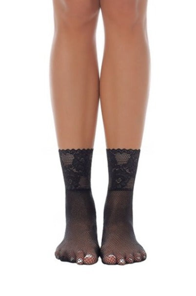 BasBleu Akemi Sock - Black classic micro fishnet ankle socks with a floral lace deep cuff with silicone.