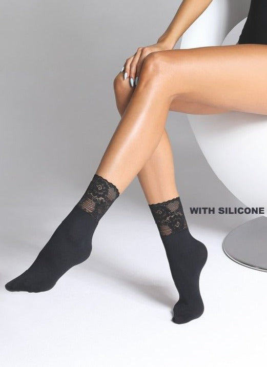 BasBleu Fumi Sock - Black opaque ankle socks with a floral lace deep cuff with silicone.