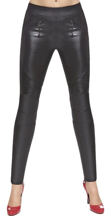 BasBleu Salma Leggings - black faux leather biker style trouser leggings