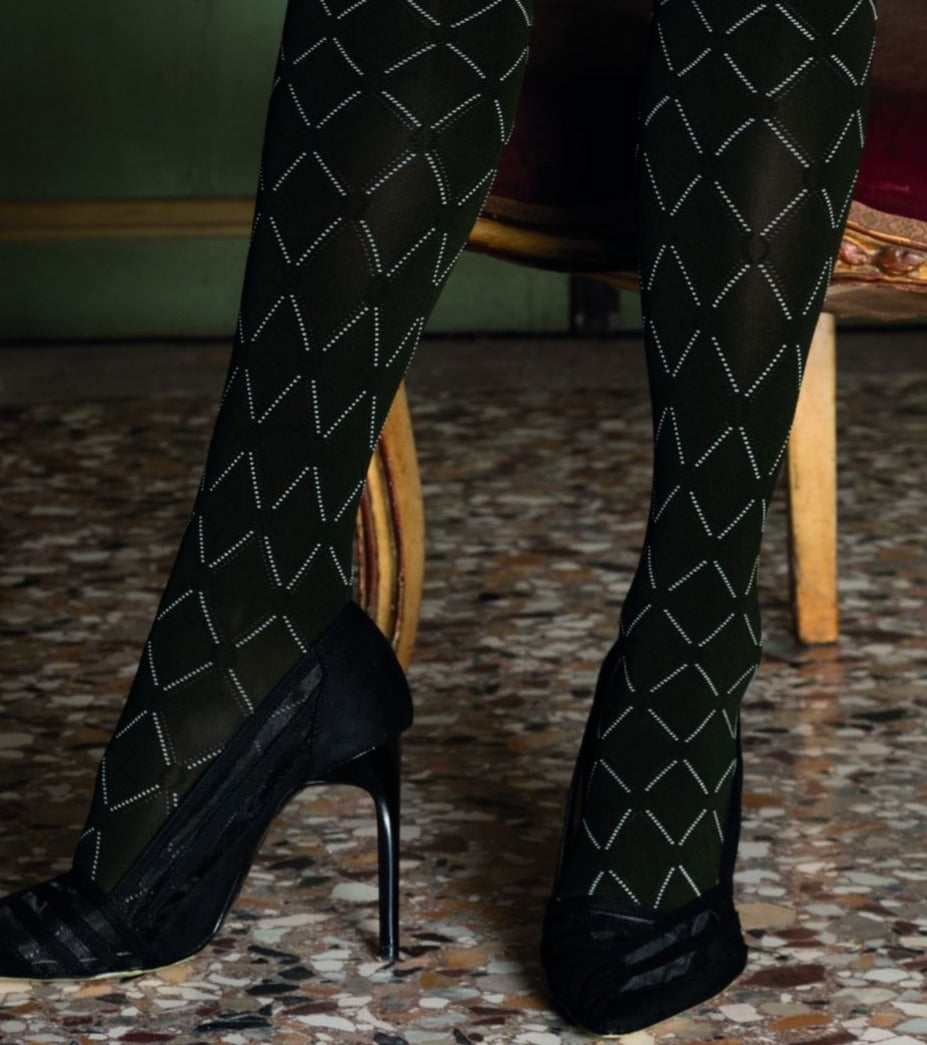 Trasparenze Basilisco Collant - opaque fashion tights with white diamond pattern, available in black and dark bottle green
