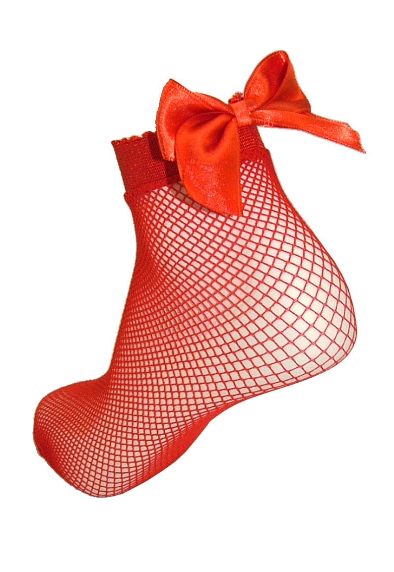 BasBleu Ditta Sock - Red classic micro fishnet ankle socks with an elasticated cuff and satin bows on the back.