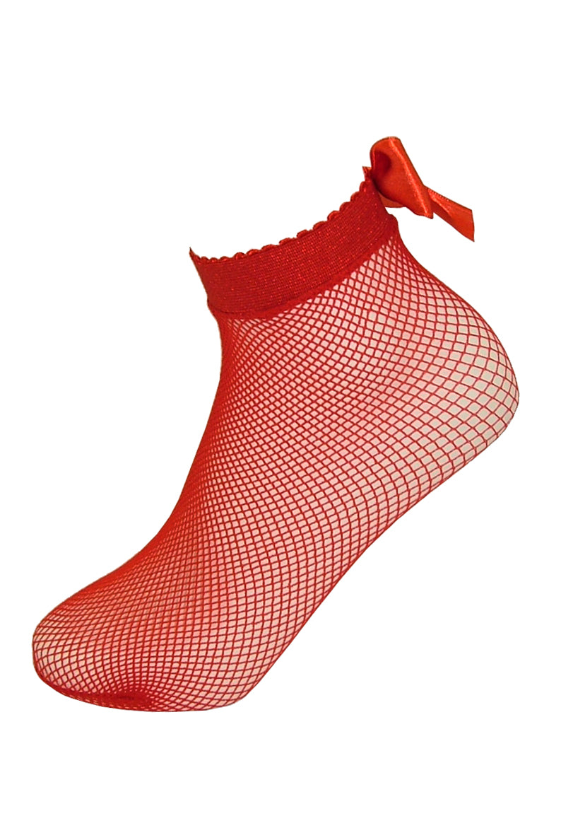 BasBleu Ditta Sock - Red classic micro fishnet ankle socks with an elasticated cuff and satin bows on the back.