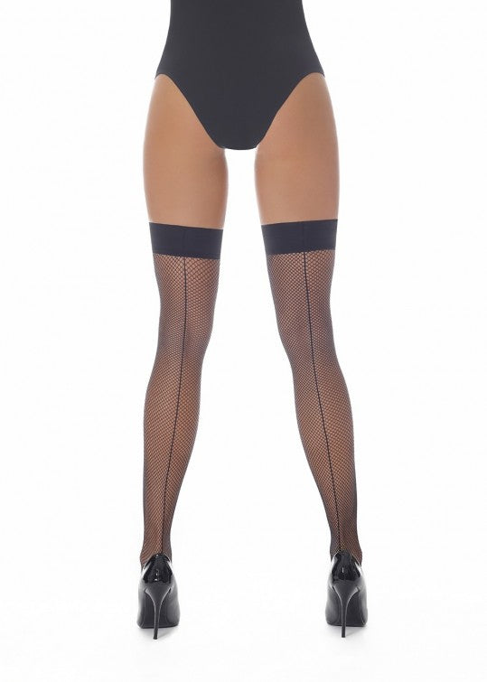 BasBleu Gloria Hold-ups - Black classic fishnet hold-ups with a back seam, smooth plain top and silicone.