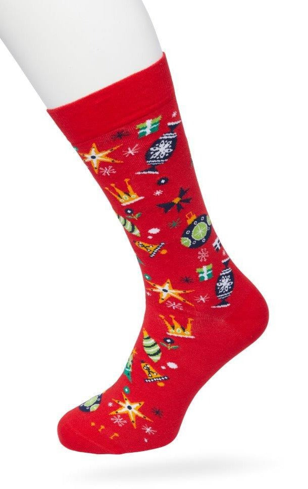Bonnie Doon Christmas Spirit Socks - Red Christmas themed cotton crew length ankle socks with multicoloured stars, presents, Christmas trees, snowflakes, baubles, sweets and crowns pattern and flat toe seams.