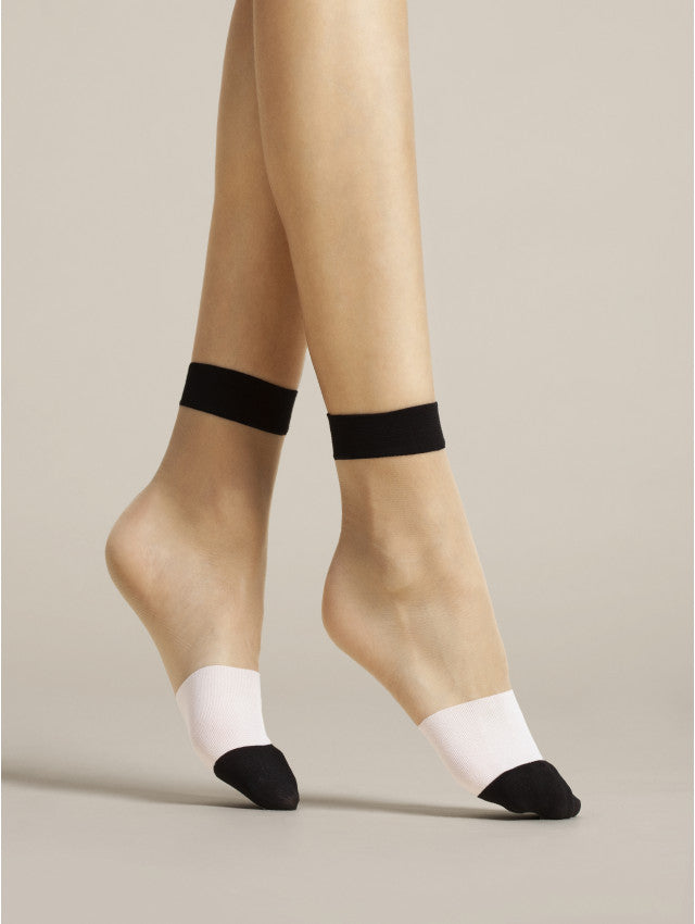Fiore Bicolore Sock - Sheer nude fashion ankle socks with black cuff and toe and white band stripe around the foot.