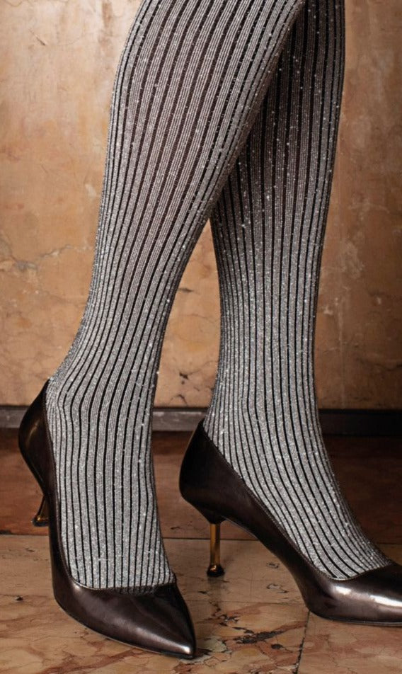 Trasparenze Bonarda Collant - grey fashion tights with sparkly silver lurex and black pinstripe rib