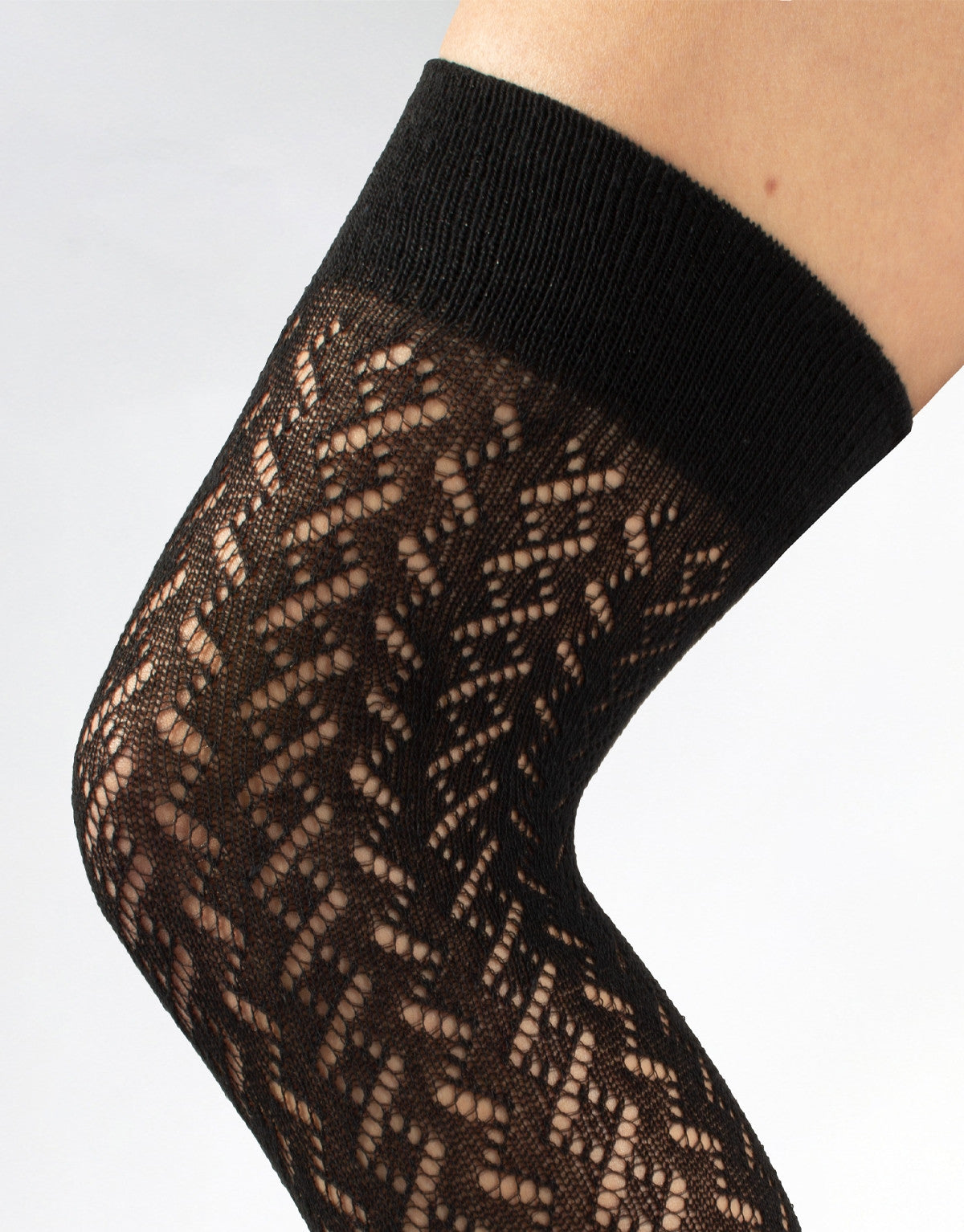 Calzitaly Chevron Over-Knee Socks - Black knitted over the knee socks with an openwork cable style pattern, plain elasticated cuff and plain toe.